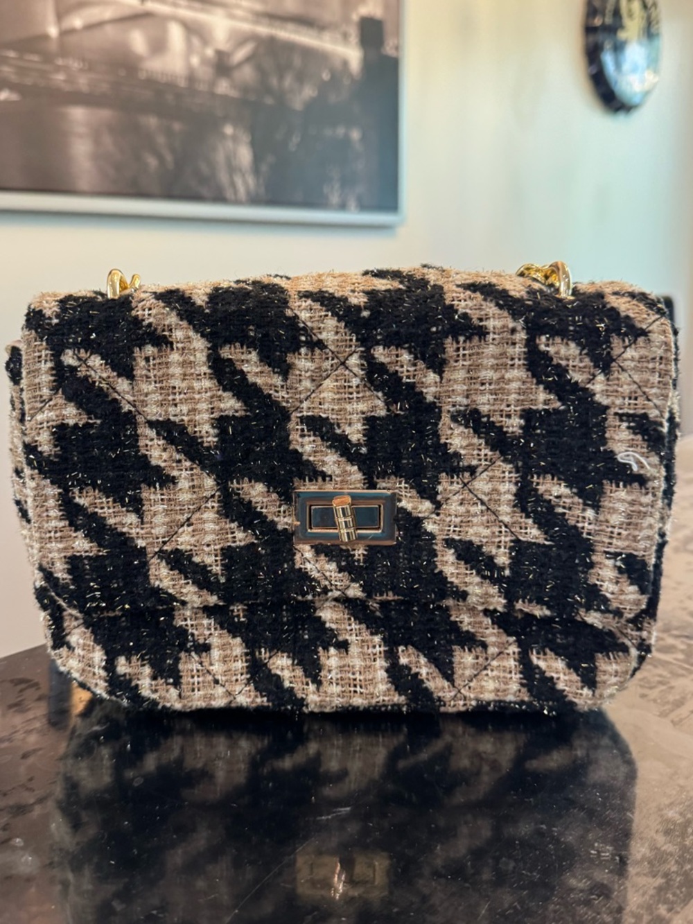 Black & Beige Houndstooth Tweed Crossbody Bag